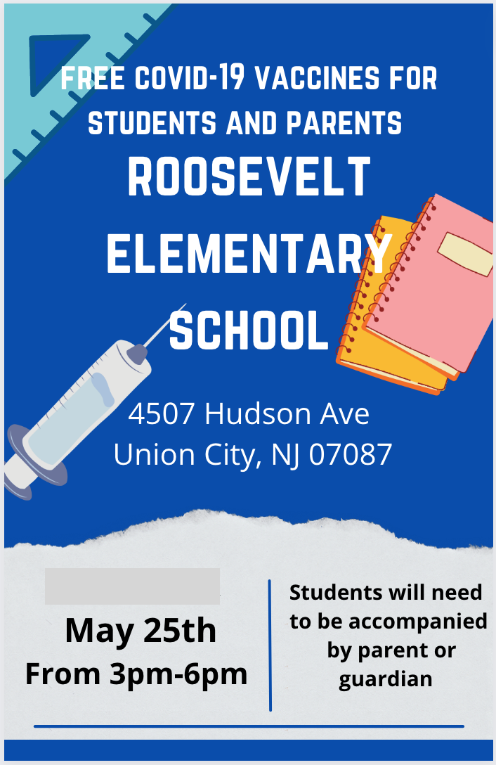 Covid testing at Roosevelt School on Wednesday May 25th from 3:00 PM-6:00 PM-English
