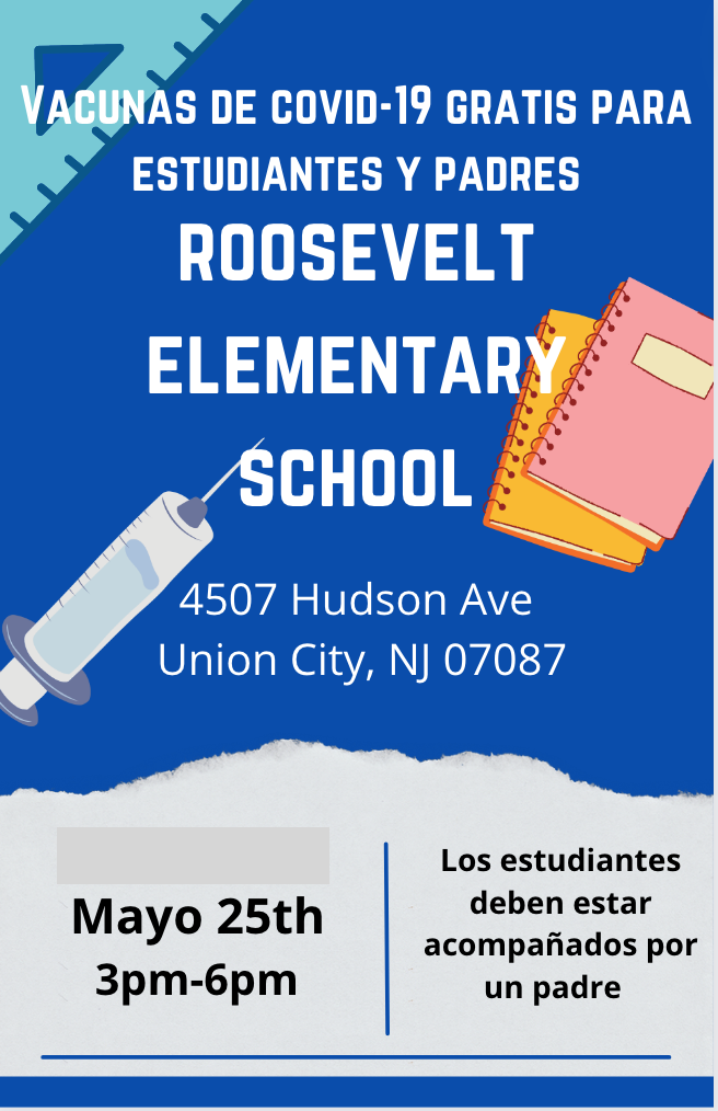 Covid testing at Roosevelt School on Wednesday May 25th from 3:00 PM-6:00 PM-Spanish