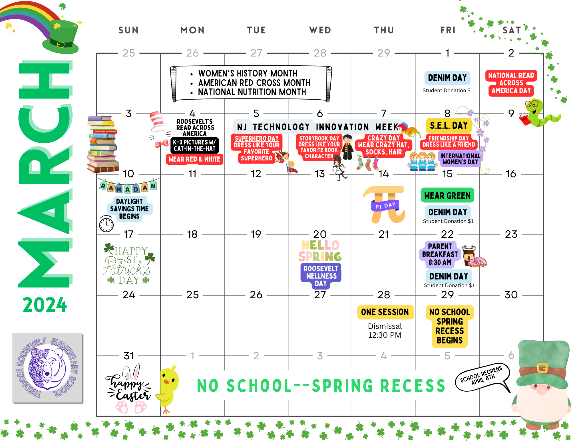 March 2024 Calendar-Roosevelt School