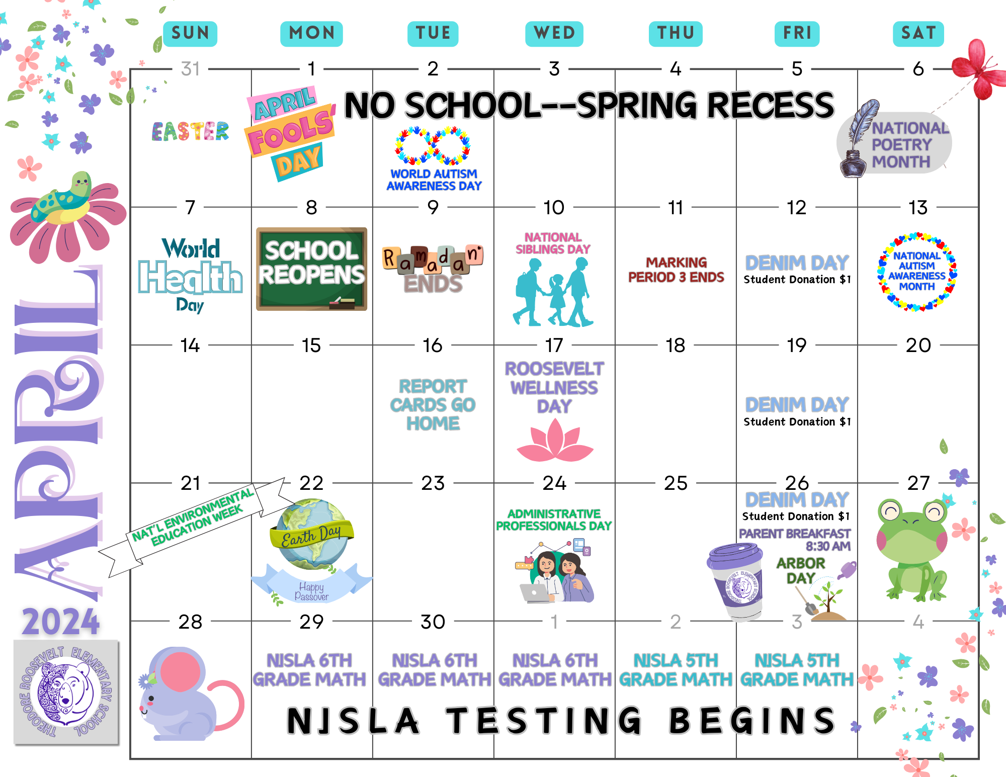 April 2024 Calendar-Roosevelt School