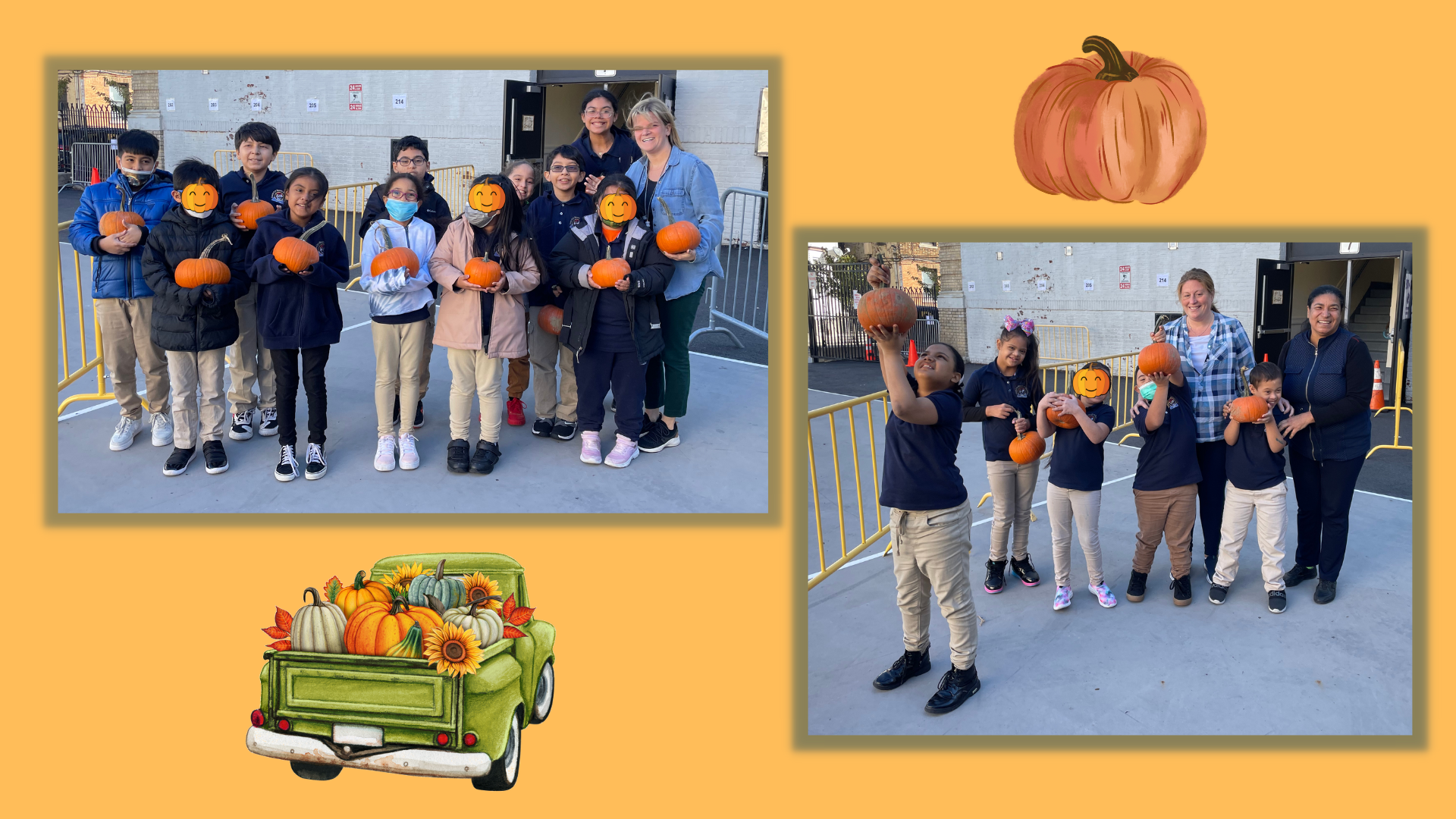 Students smiling and enjoying pumpkins given to them