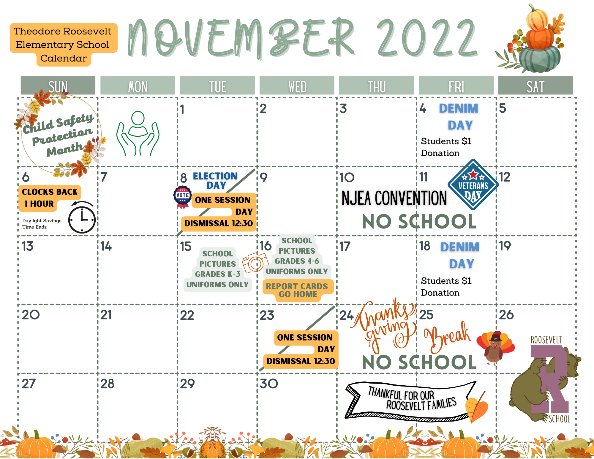 November 2022 Calendar-Roosevelt School