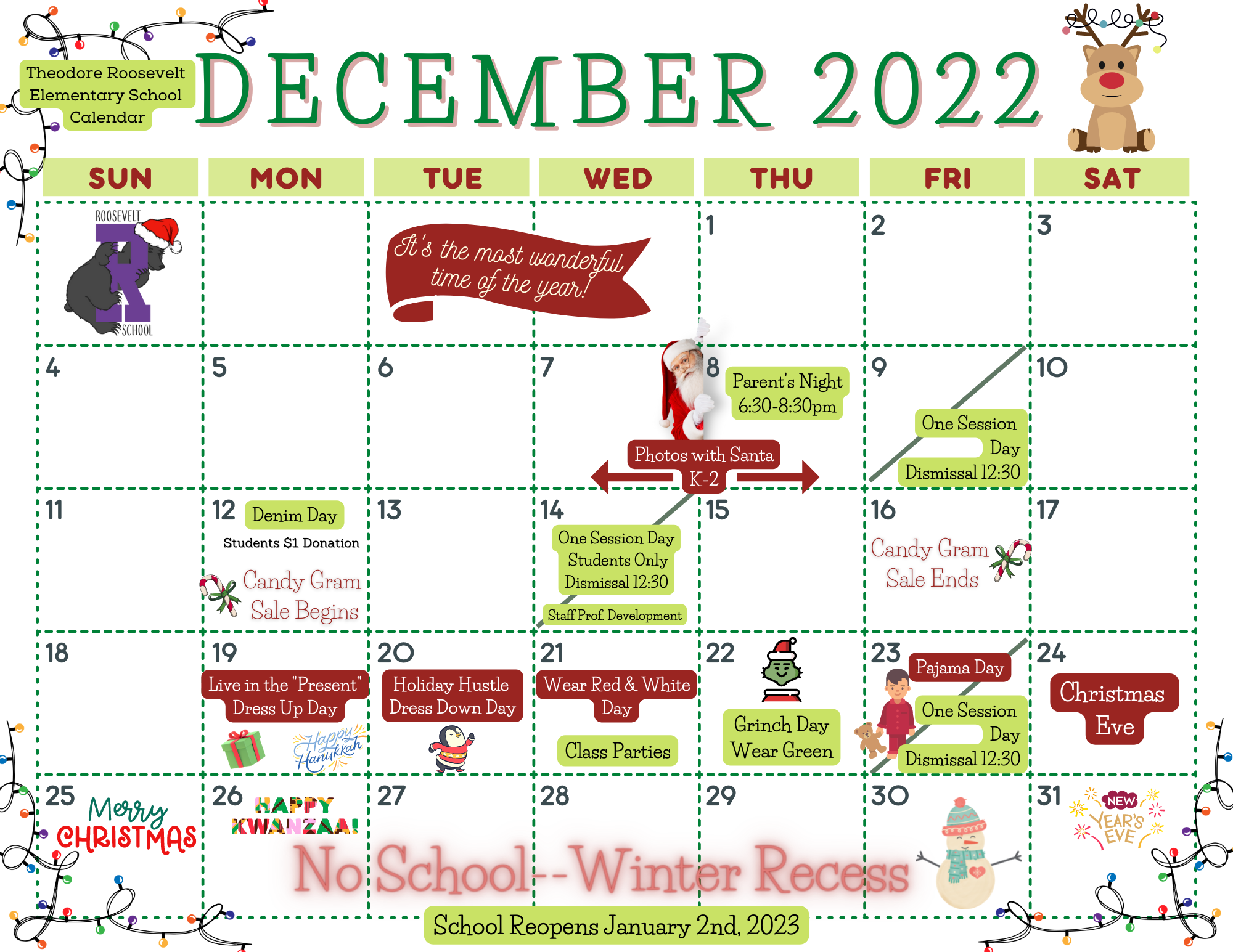 Roosevelt School December 2022 Calendar