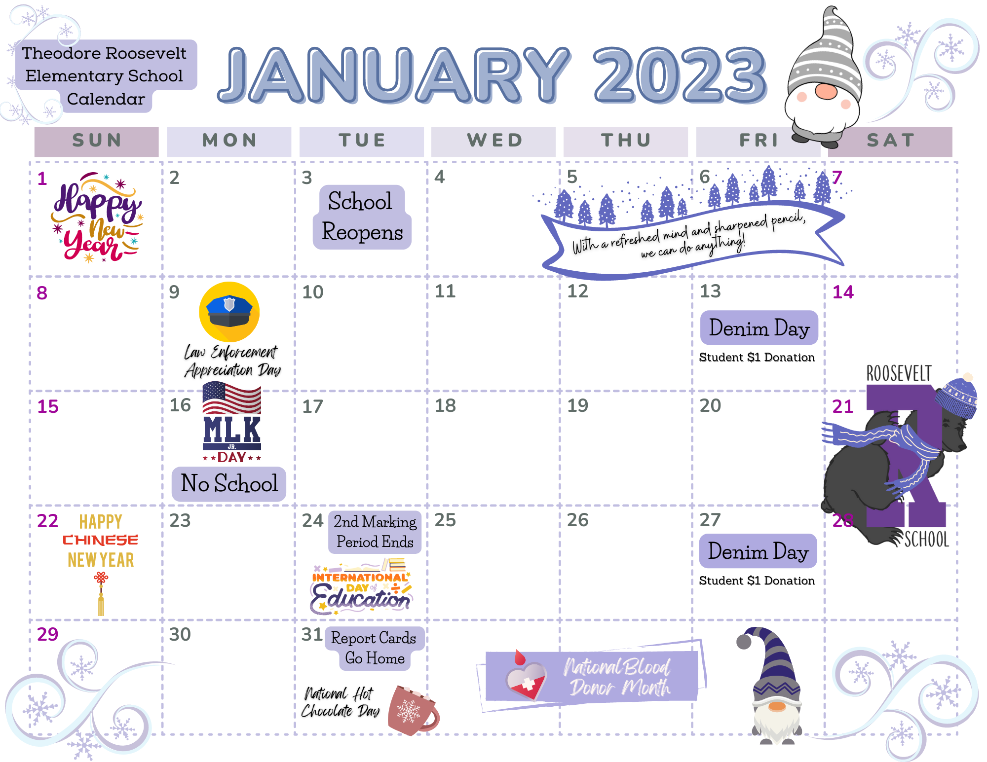 January 2023 Calendar-Roosevelt School