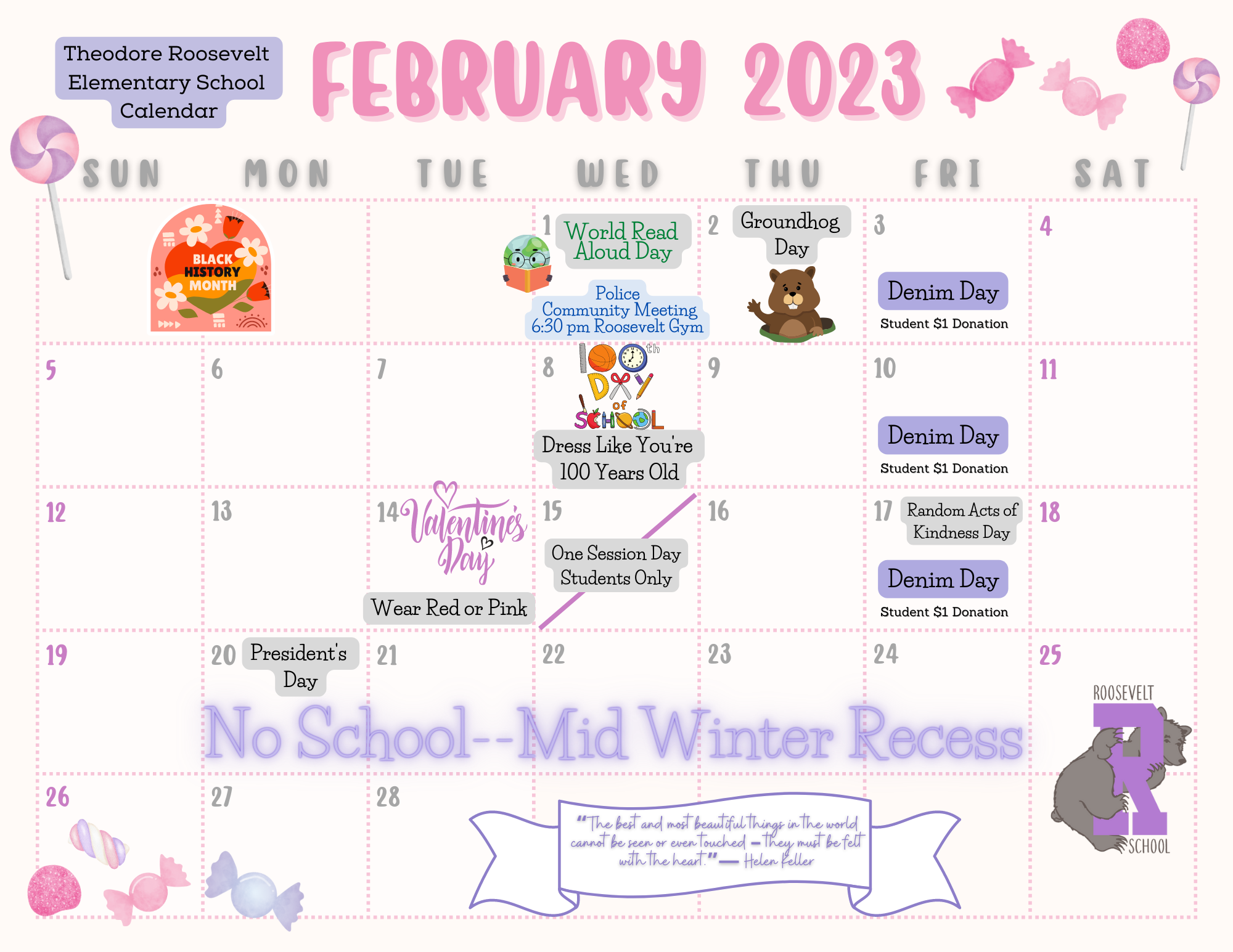 February 2023 Calendar-Roosevelt School