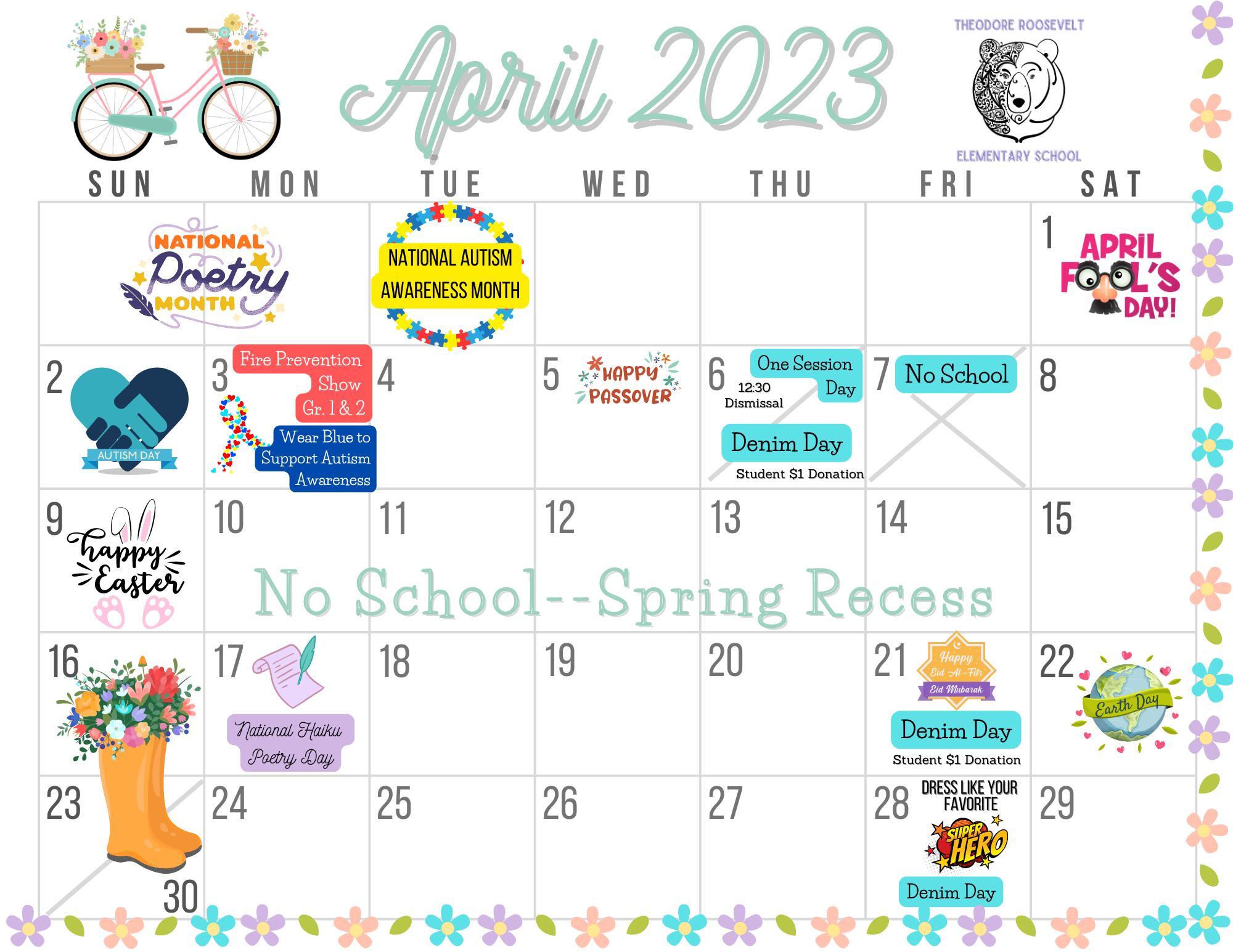 April 2023 Calendar-Roosevelt School