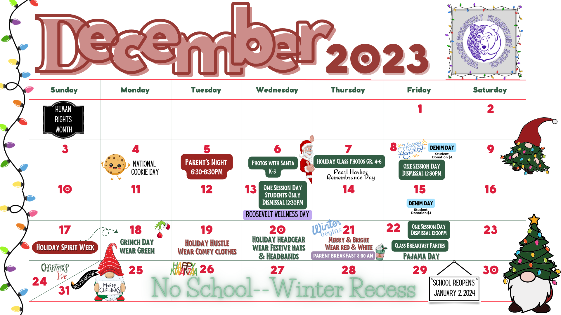 December 2023 Calendar-Roosevelt School